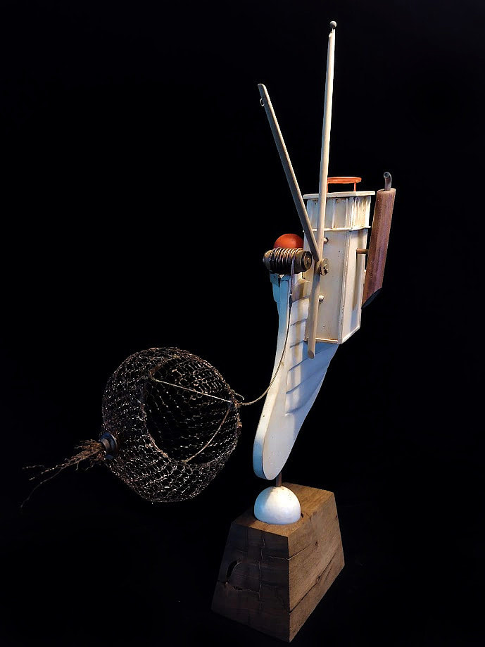 south coast trawler, south coast new south wales australia fishing boat trawling recycled hardwood sculpture, brandt noack artist